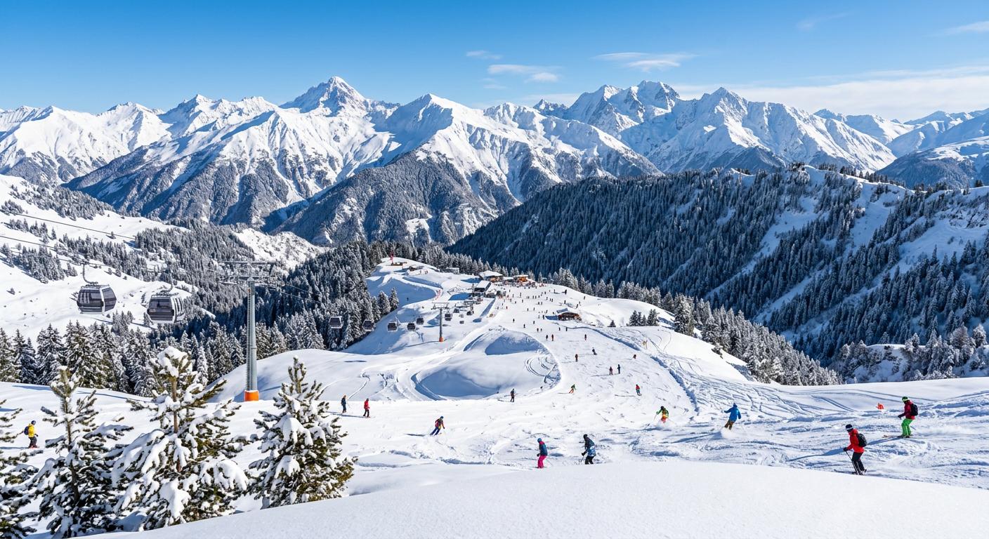 Winter scene of Gudauri with fresh powder snow and lush evergreen forests under a clear blue sky, perfect for skiing adventures.