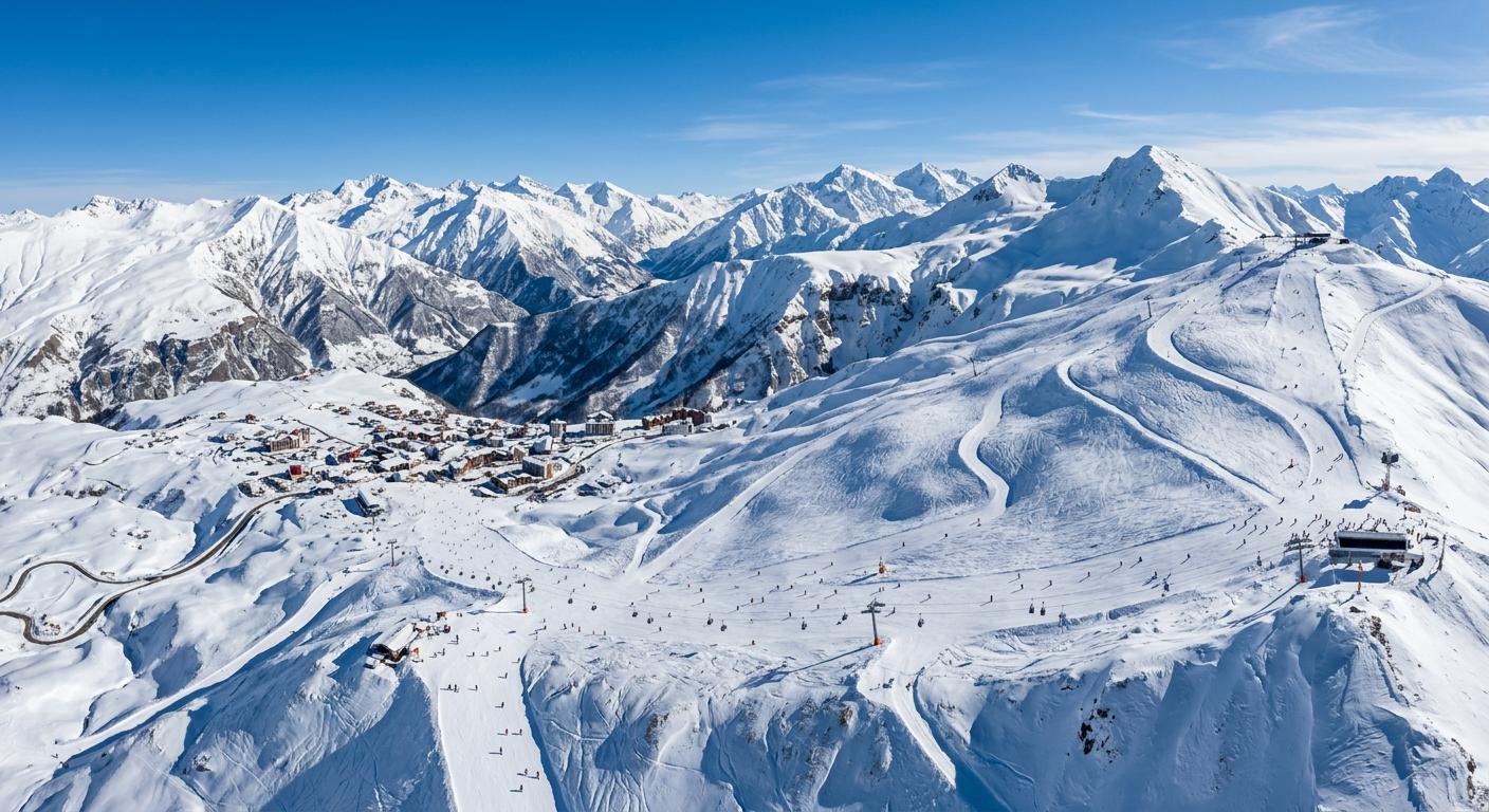 Aerial view of Gudauri's ski slopes and mountain ridges, showcasing dramatic winter landscapes under perfect weather conditions.