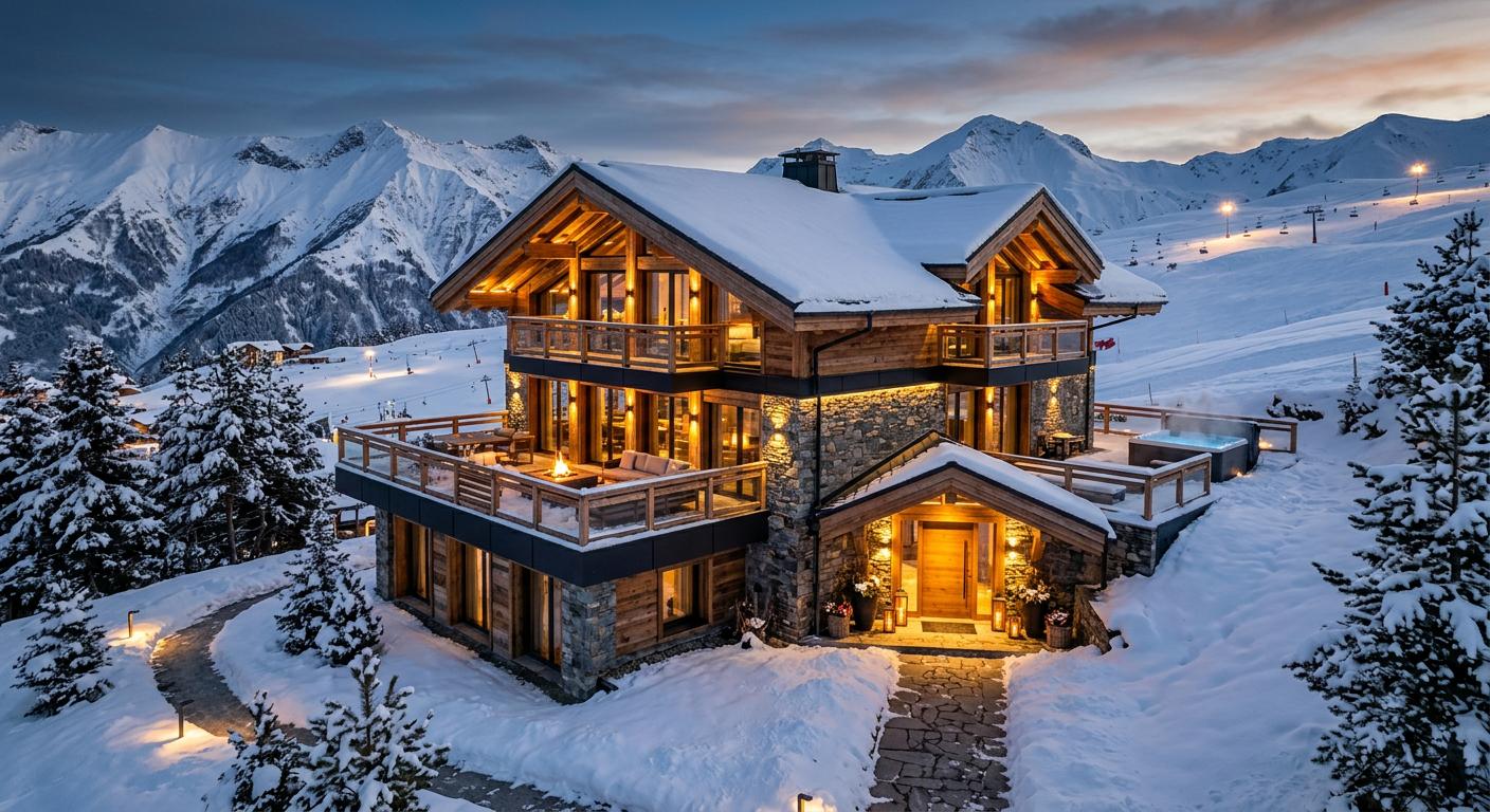 Luxurious ski chalet exterior in Gudauri, set against a snow-covered landscape, showcasing stunning architecture for upscale travelers.