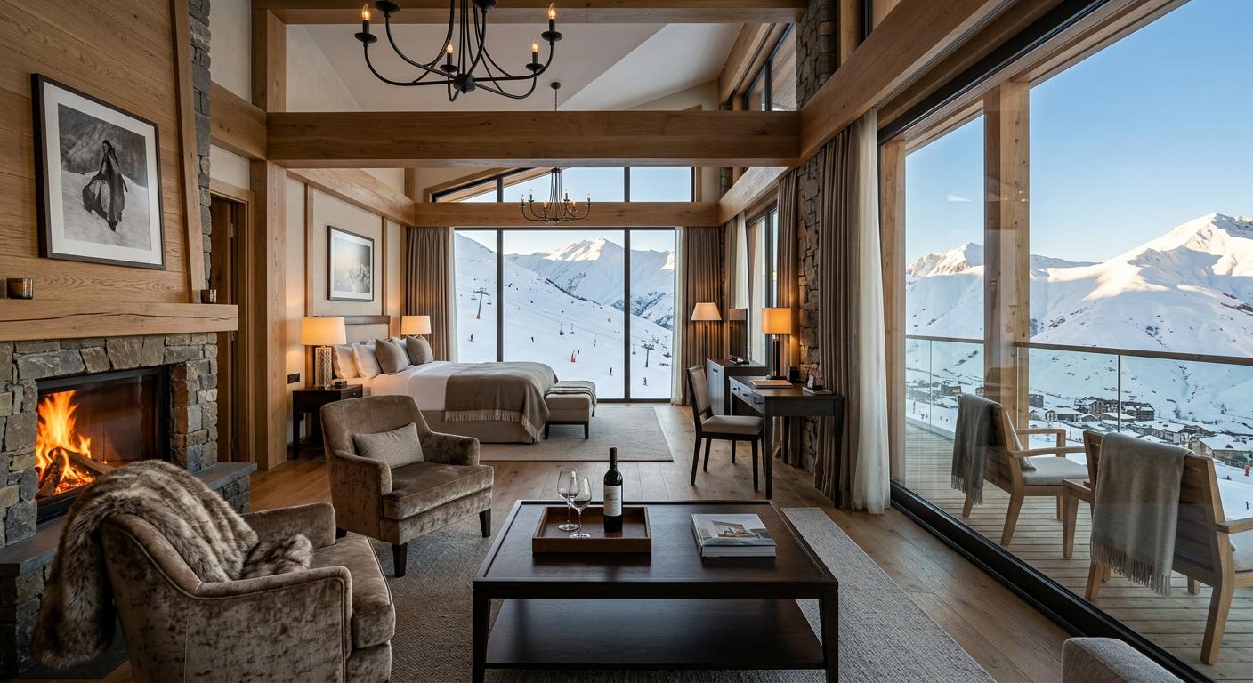Elegant ski resort suite with premium furnishings and expansive mountain views, exemplifying sophisticated alpine design and luxury.