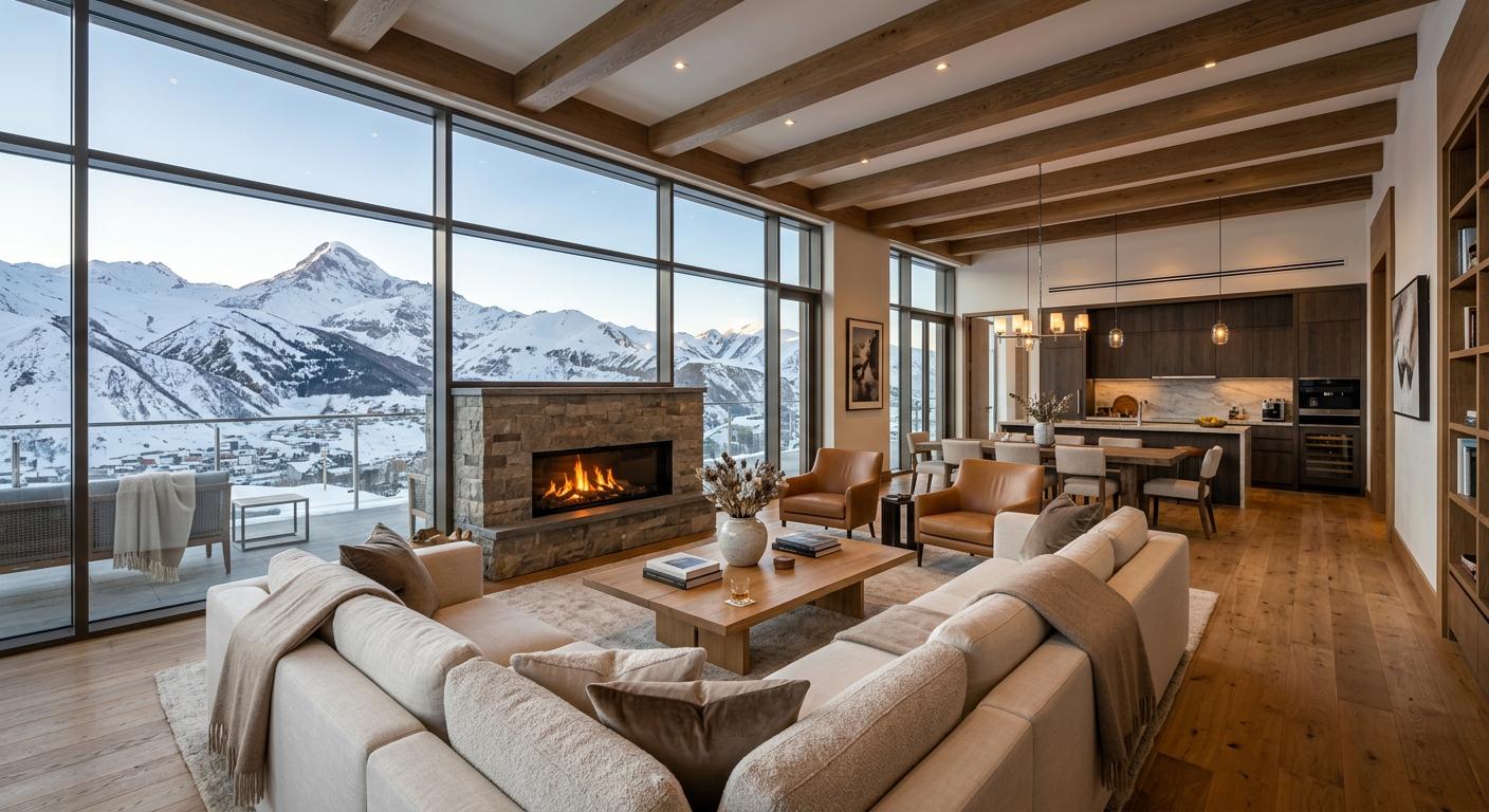 High-end mountain penthouse in Gudauri with panoramic views, luxurious interior design, and floor-to-ceiling windows for indulgent stays.