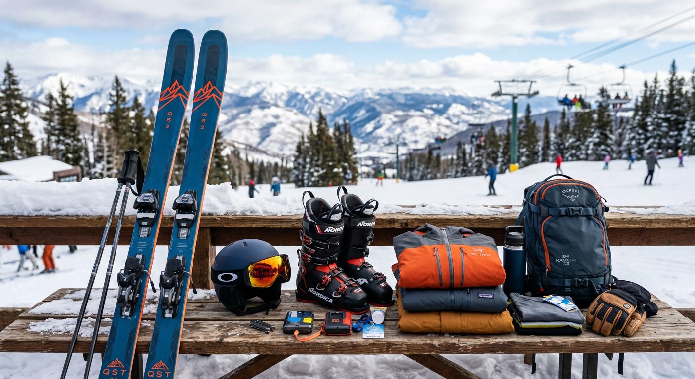 Winter gear and equipment blog image highlighting essential skiing equipment for winter sports, framed by professional product photography.