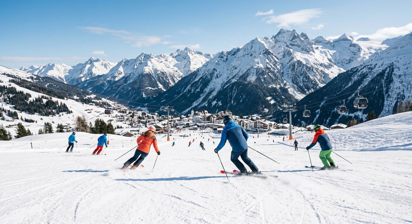 Skiers gliding down pristine slopes in Ischgl, showcasing exhilarating winter sports against stunning mountain backdrops.