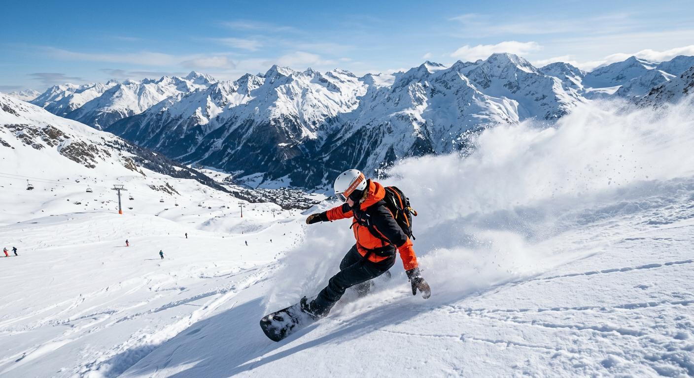 Snowboarder enjoying fresh powder in Ischgl, emphasizing the thrill of winter sports framed by spectacular mountain views.