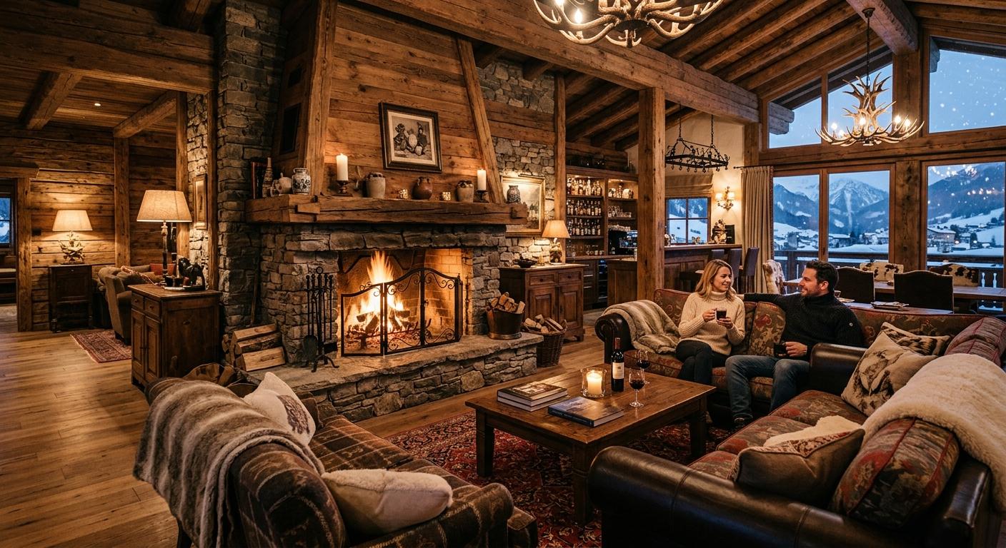 Luxurious ski lodge interior in Ischgl with a cozy fireplace and elegant alpine design, conveying warmth and comfort.