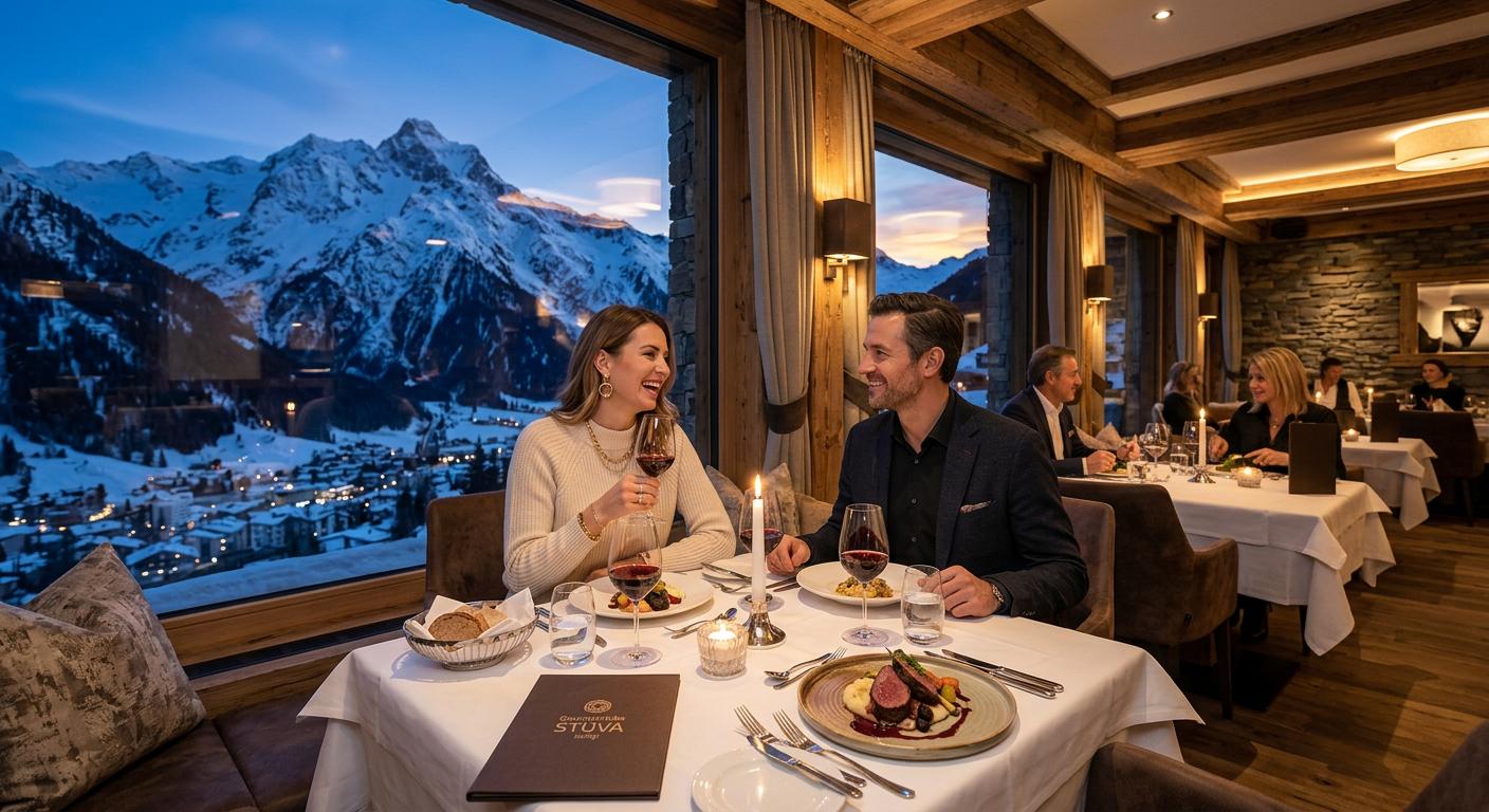 Sophisticated après-ski dining in Ischgl with mountain views, showcasing gourmet alpine cuisine in an elegant setting.