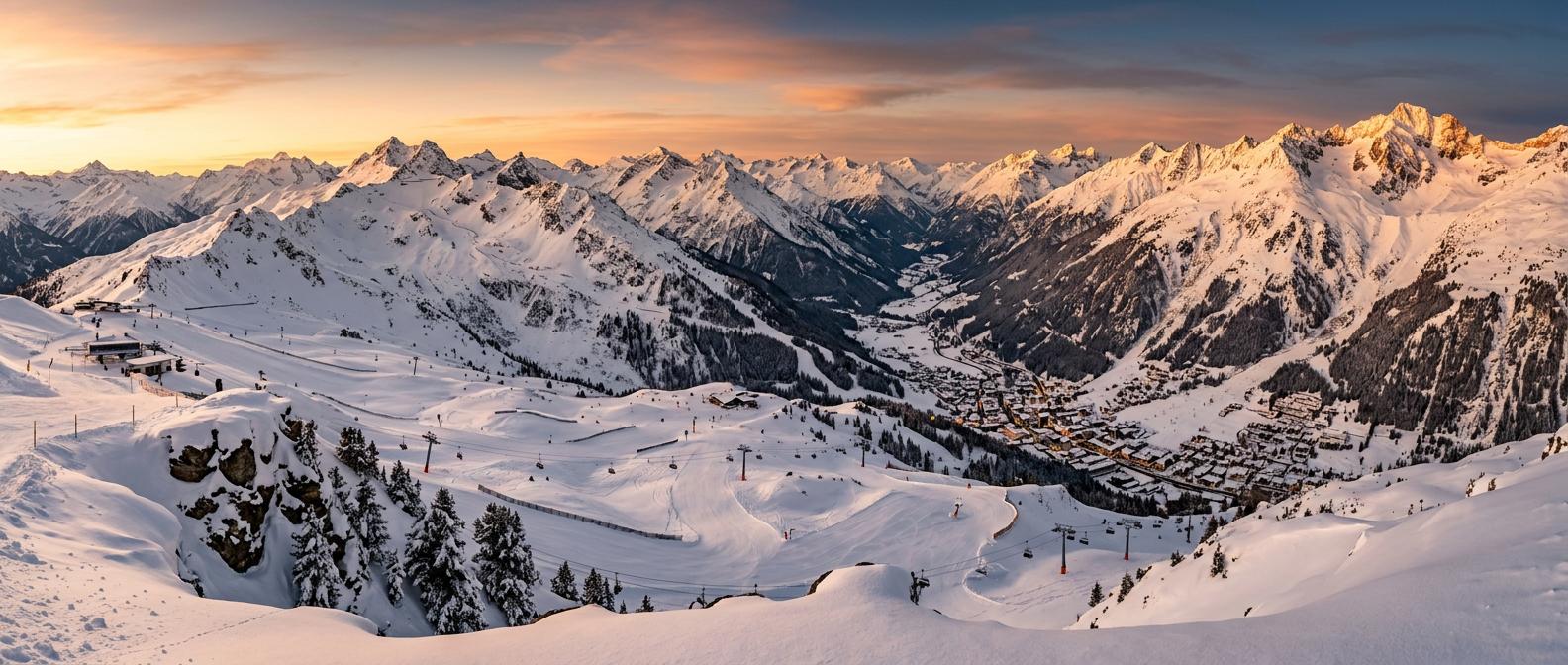 Golden hour view of Ischgl ski resort with snow-capped peaks and empty slopes, showcasing tranquil winter landscapes.