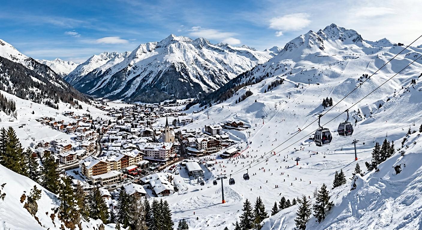 Iconic winter resort in Ischgl surrounded by a snow-covered landscape and renowned ski slopes, portrayed through professional photography.
