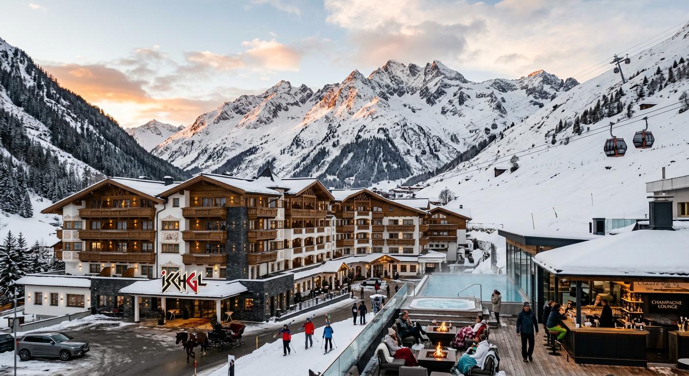 Celebrated Ischgl alpine resort with a dramatic backdrop and exclusive amenities, shown through professional ski resort photography.