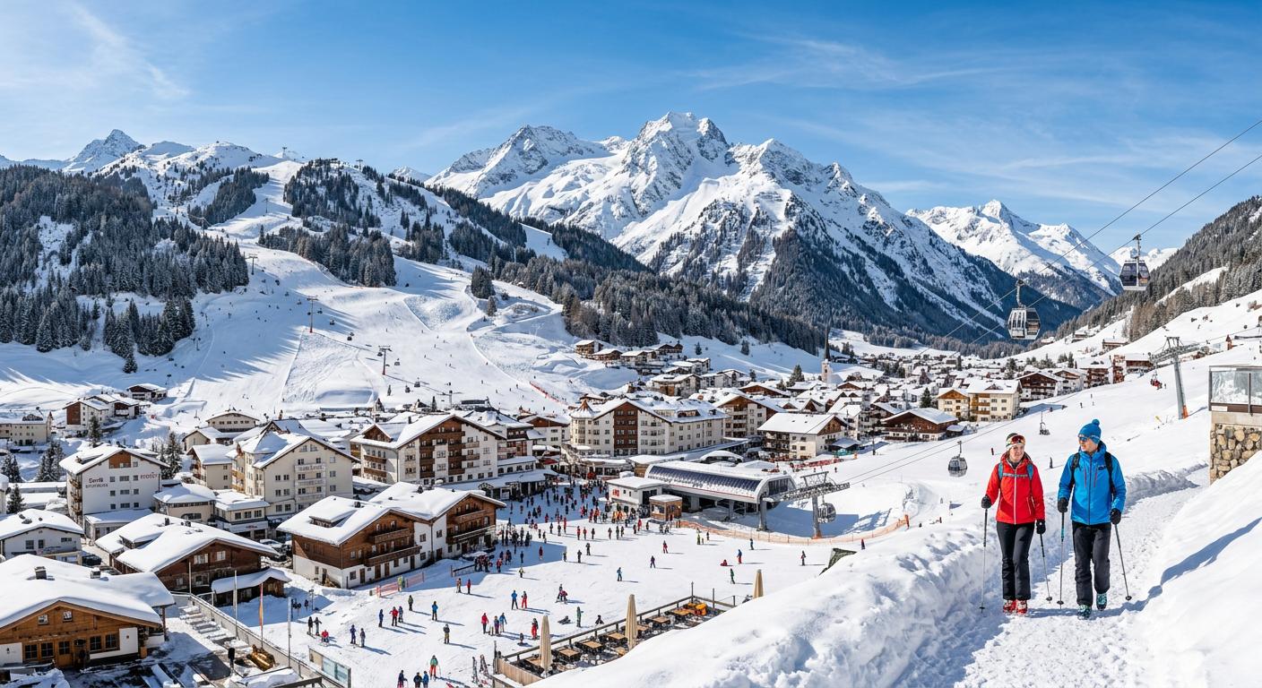 Iconic winter sports destination in Ischgl with a majestic mountain backdrop, showcasing pristine alpine environments.