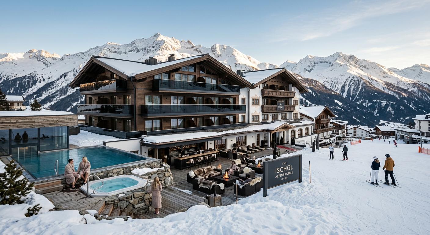 Distinguished alpine resort in Ischgl with snow-capped mountains and luxury amenities, highlighted through high-end tourism photography.