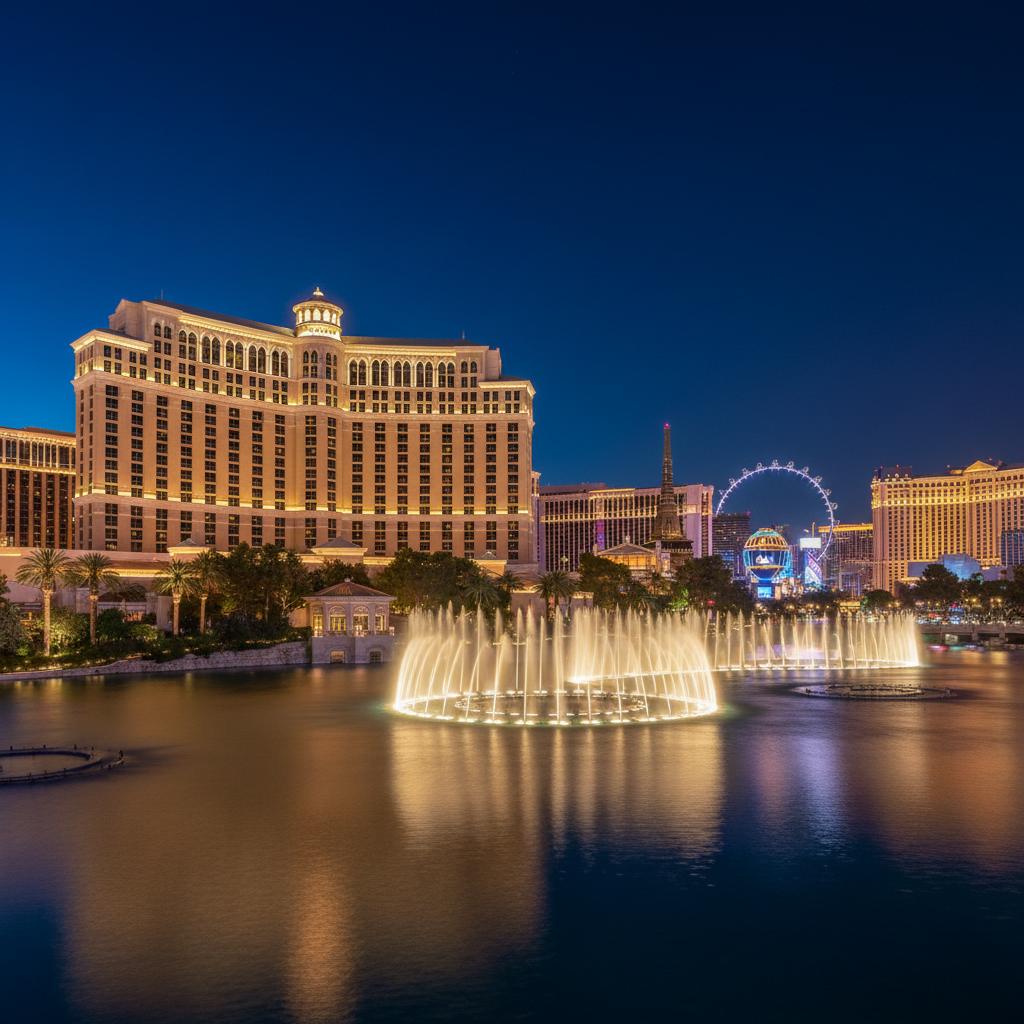 Bellagio Fountains illuminated at night, capturing the iconic Las Vegas experience.