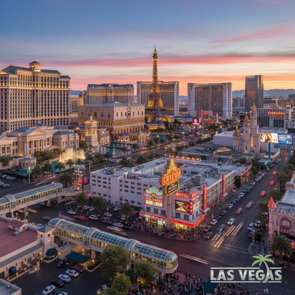 Diverse architectural styles along the Las Vegas Strip highlighting luxury and budget accommodations.