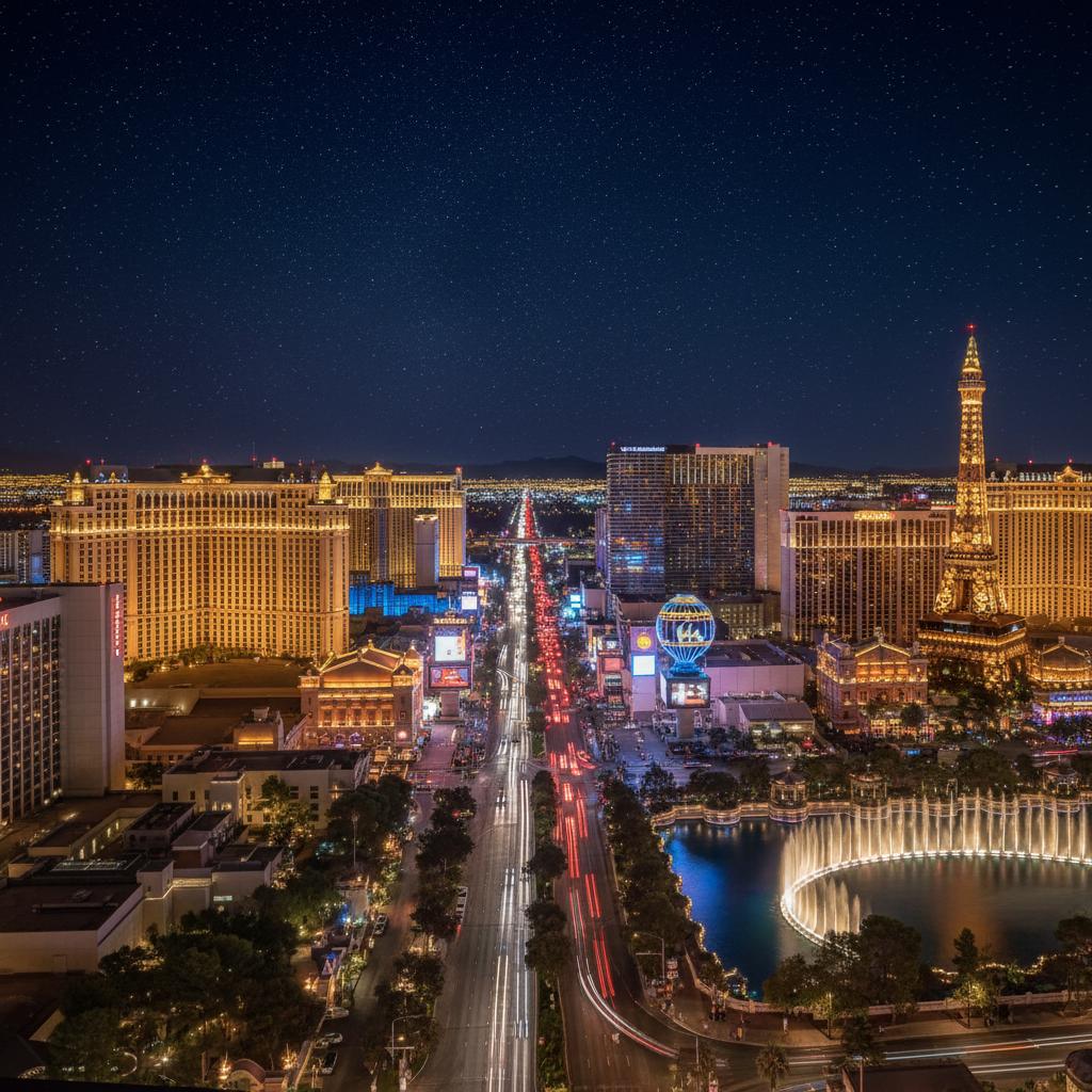 Urban Las Vegas cityscape at night featuring vibrant architecture under city lights.