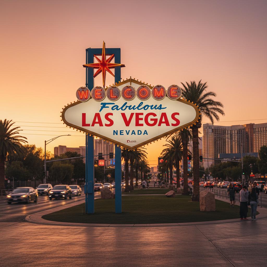 Iconic Welcome to Fabulous Las Vegas sign at golden hour, creating a vibrant urban atmosphere.
