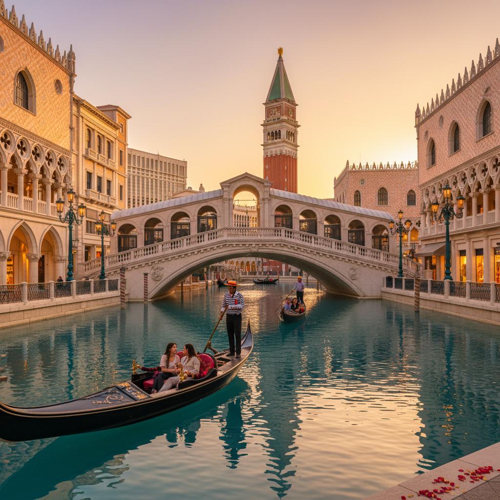 Gondolas at the Venetian with scenic water views during golden hour, capturing romantic vibes.