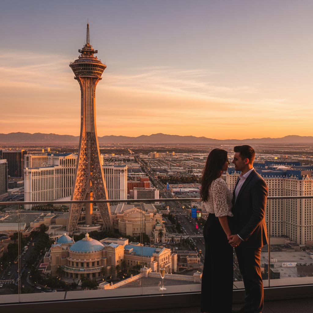 Stratosphere Tower at golden hour highlighting Las Vegas skyline's romantic atmosphere.