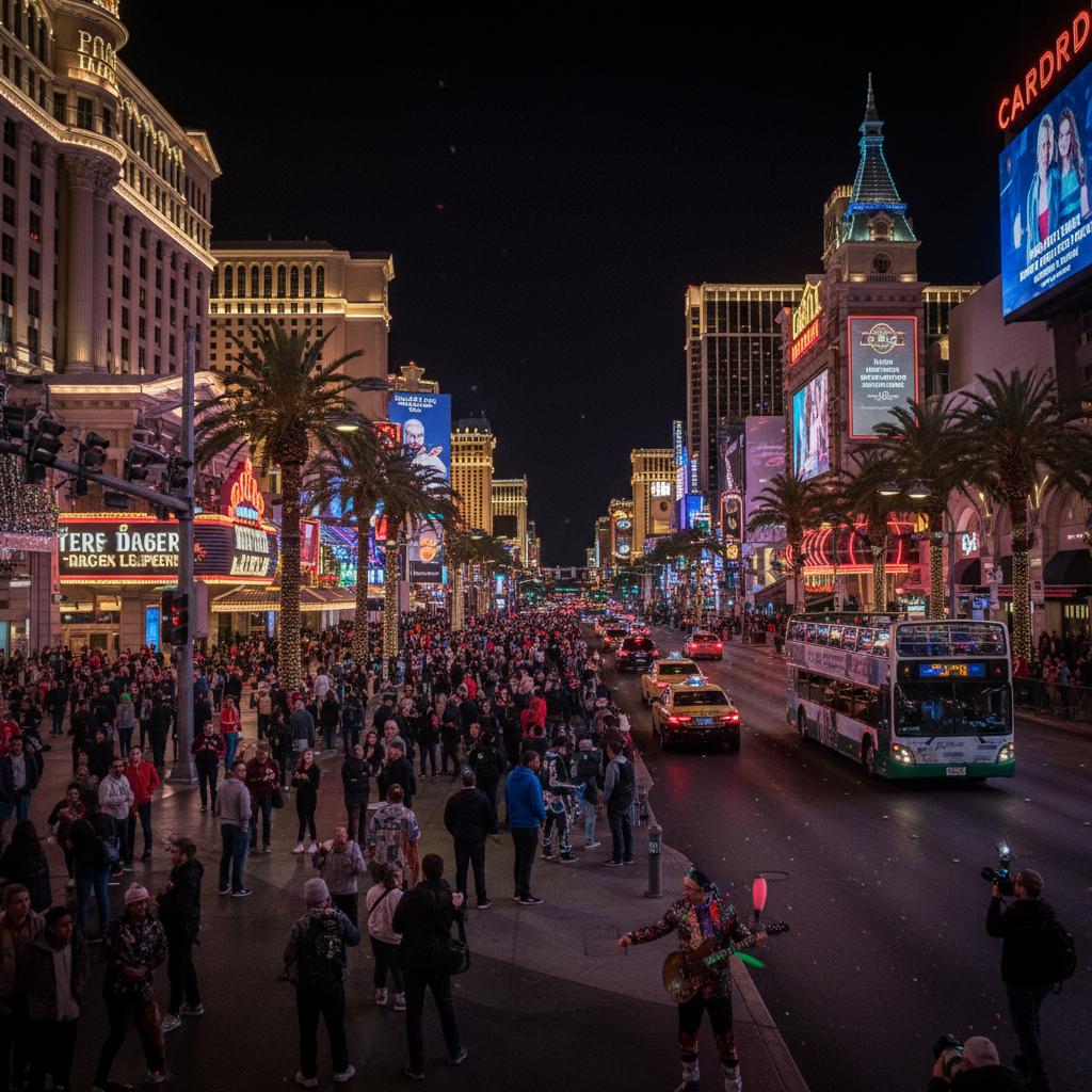Busy Las Vegas Boulevard filled with nightlife and energetic urban architecture.