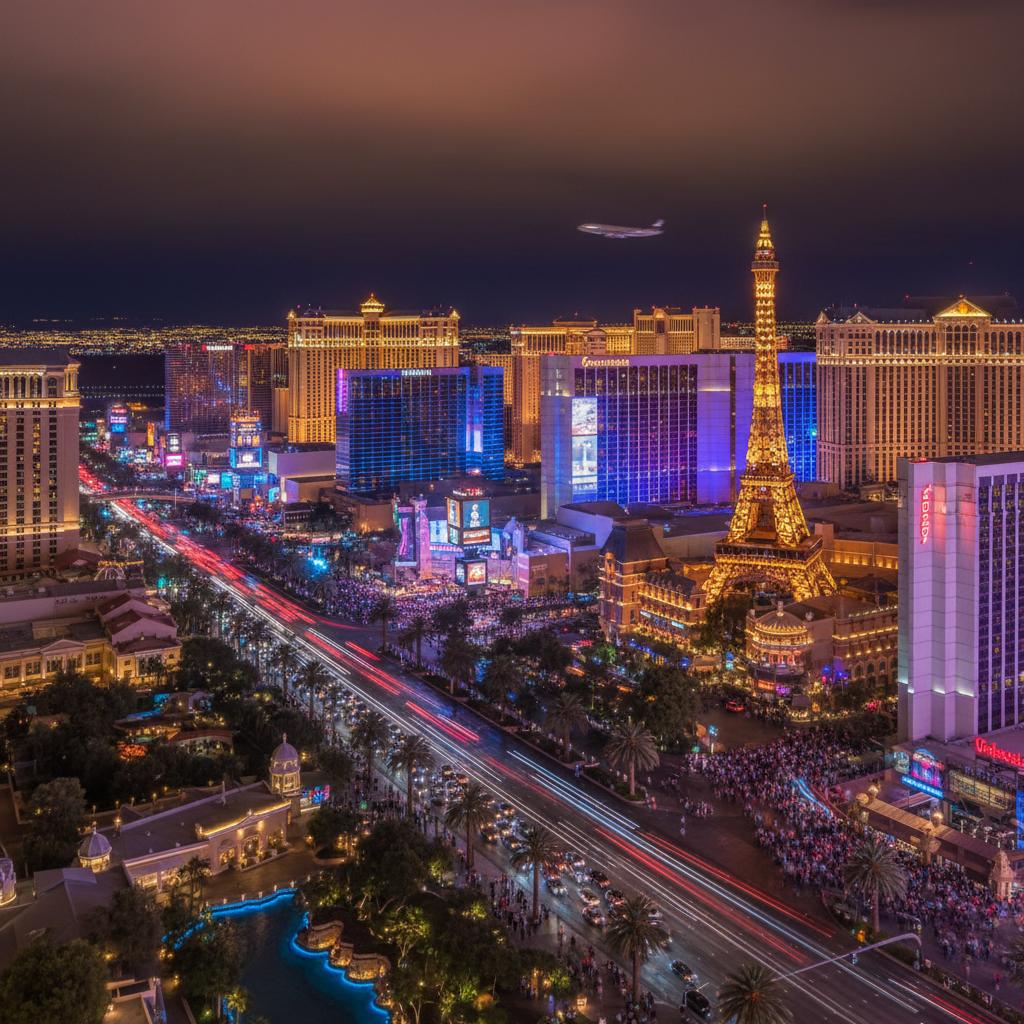 Bustling Las Vegas city center at night capturing vibrant urban life.