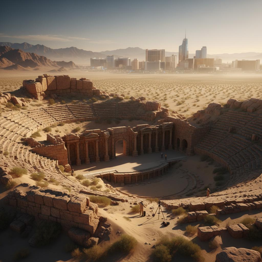 Ancient amphitheater in the desert capturing archaeological significance under golden sunlight.