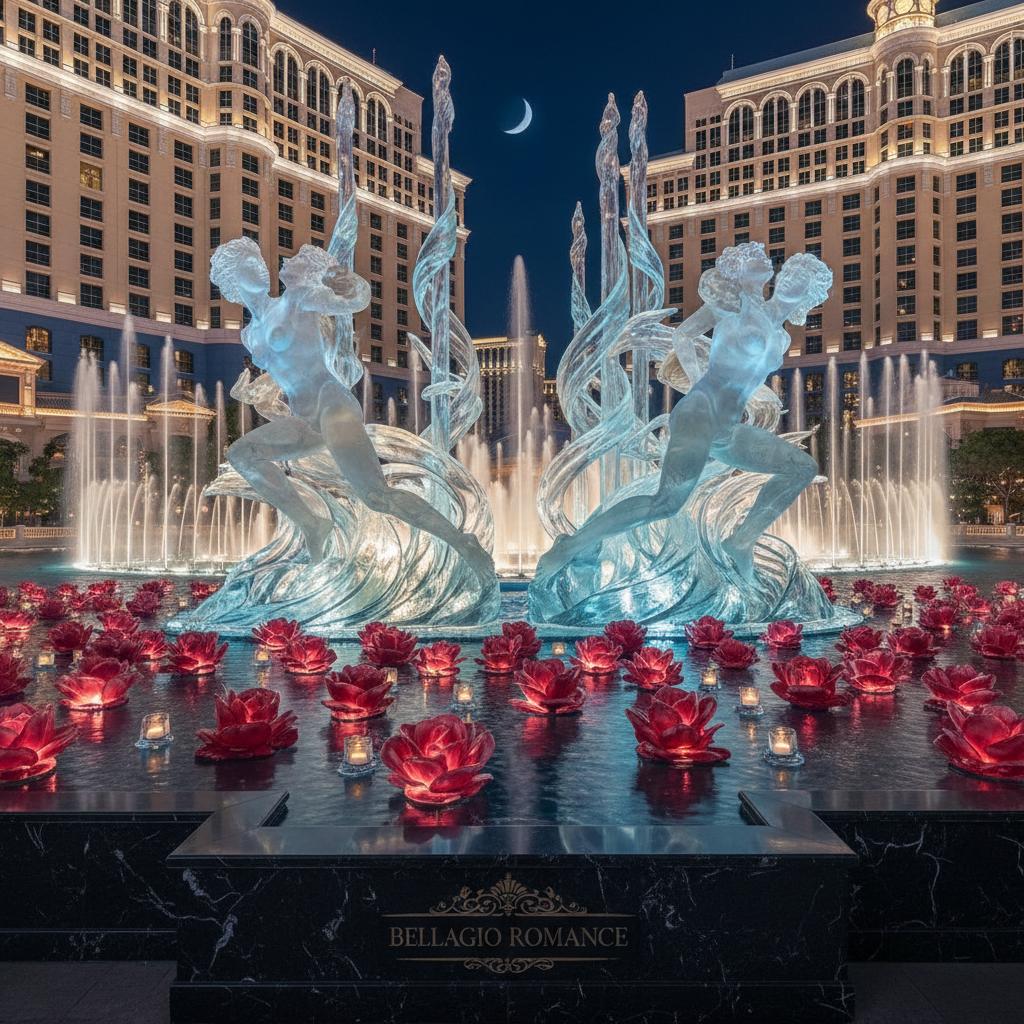 Stunning Fountains of Bellagio at night showcasing classical architecture and romance.