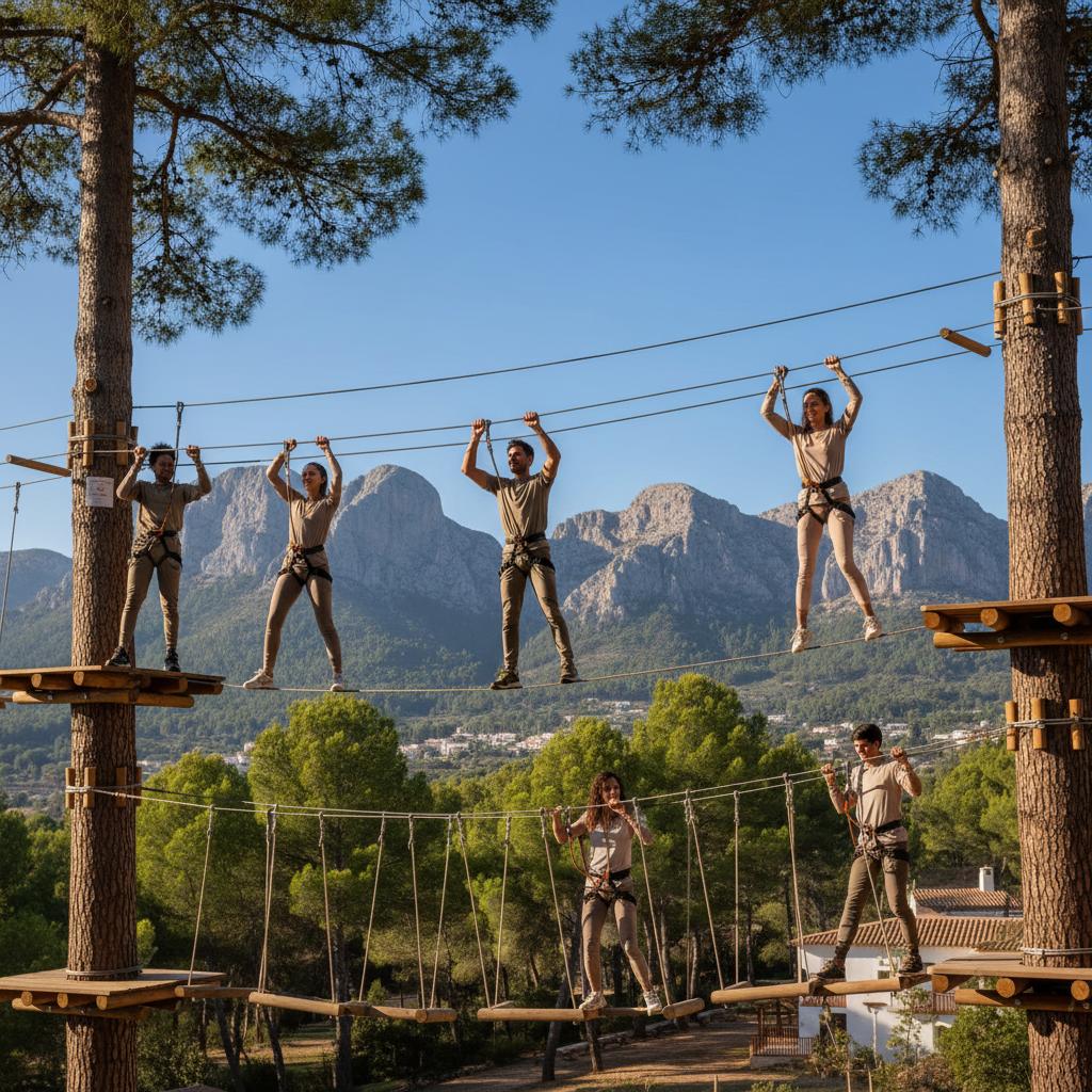 Vibrant cycling adventure along Mallorca's coastal trails, with joyful travelers enjoying scenic cliffs and blue waters.