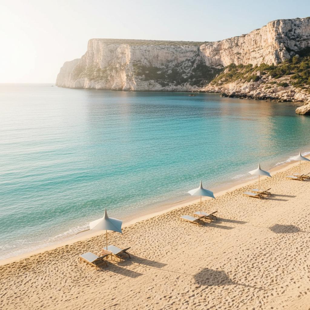 Serene sunrise yoga on a private beach in Mallorca, with guests on mats surrounded by gentle waves and warm light for relaxation.