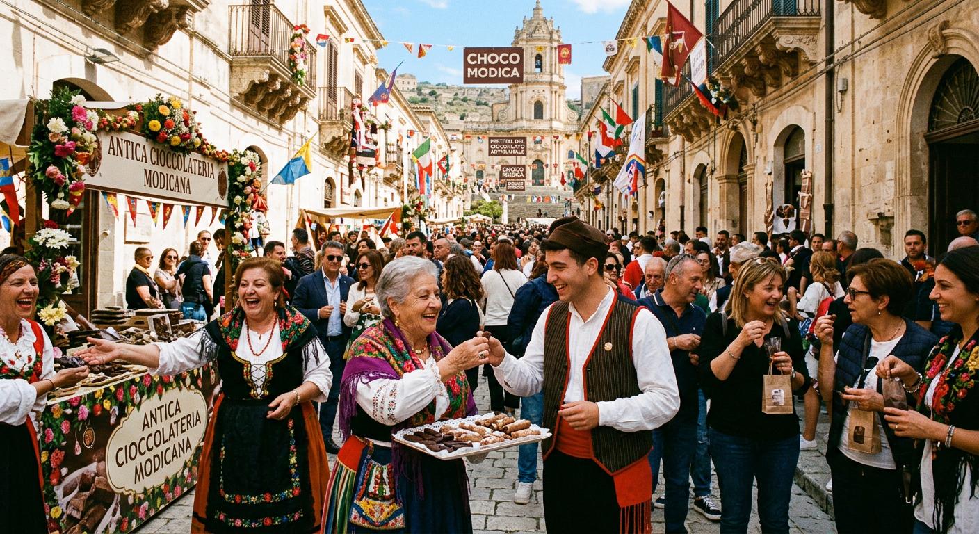 Vibrant scene from the Modica Chocolate Festival with locals in traditional costumes amidst colorful decorations. Vibrant scene from the Modica Chocolate Festival with locals in traditional costumes amidst colorful decorations.