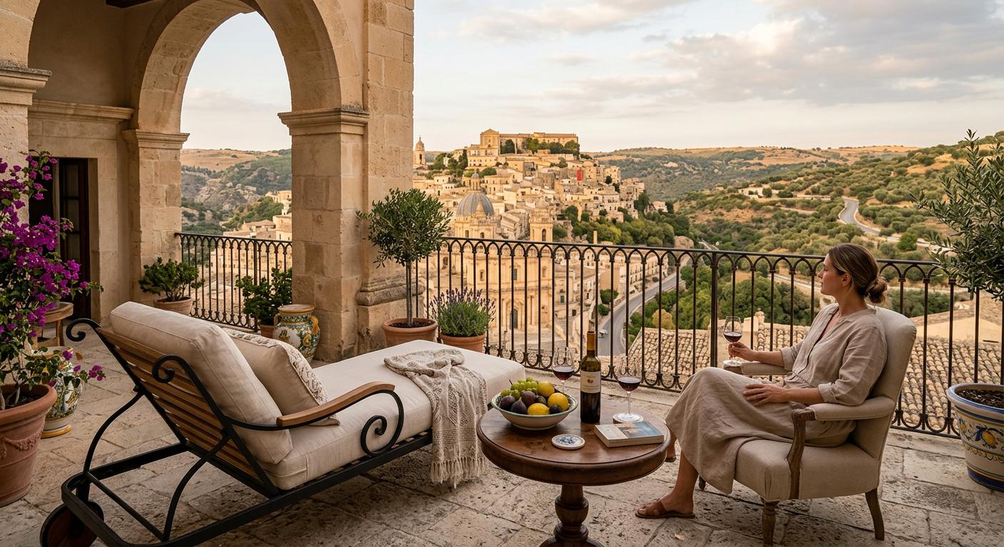 Luxurious accommodation in Modica with elegant decor, overlooking a serene landscape for relaxation. Luxurious accommodation in Modica with elegant decor, overlooking a serene landscape for relaxation.