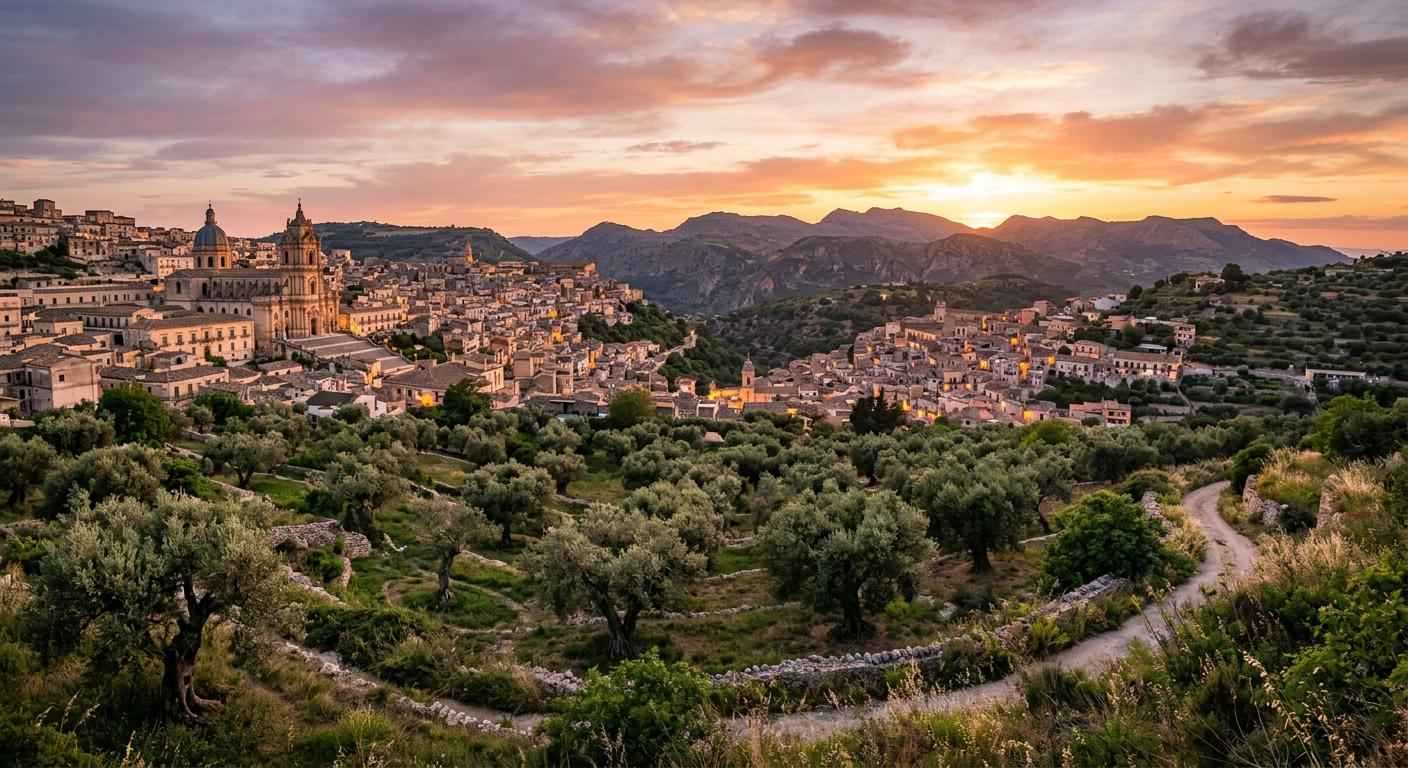 Tranquil landscape of Modica at sunset, featuring Iblei mountains in the background and peaceful olive groves. Tranquil landscape of Modica at sunset, featuring Iblei mountains in the background and peaceful olive groves.