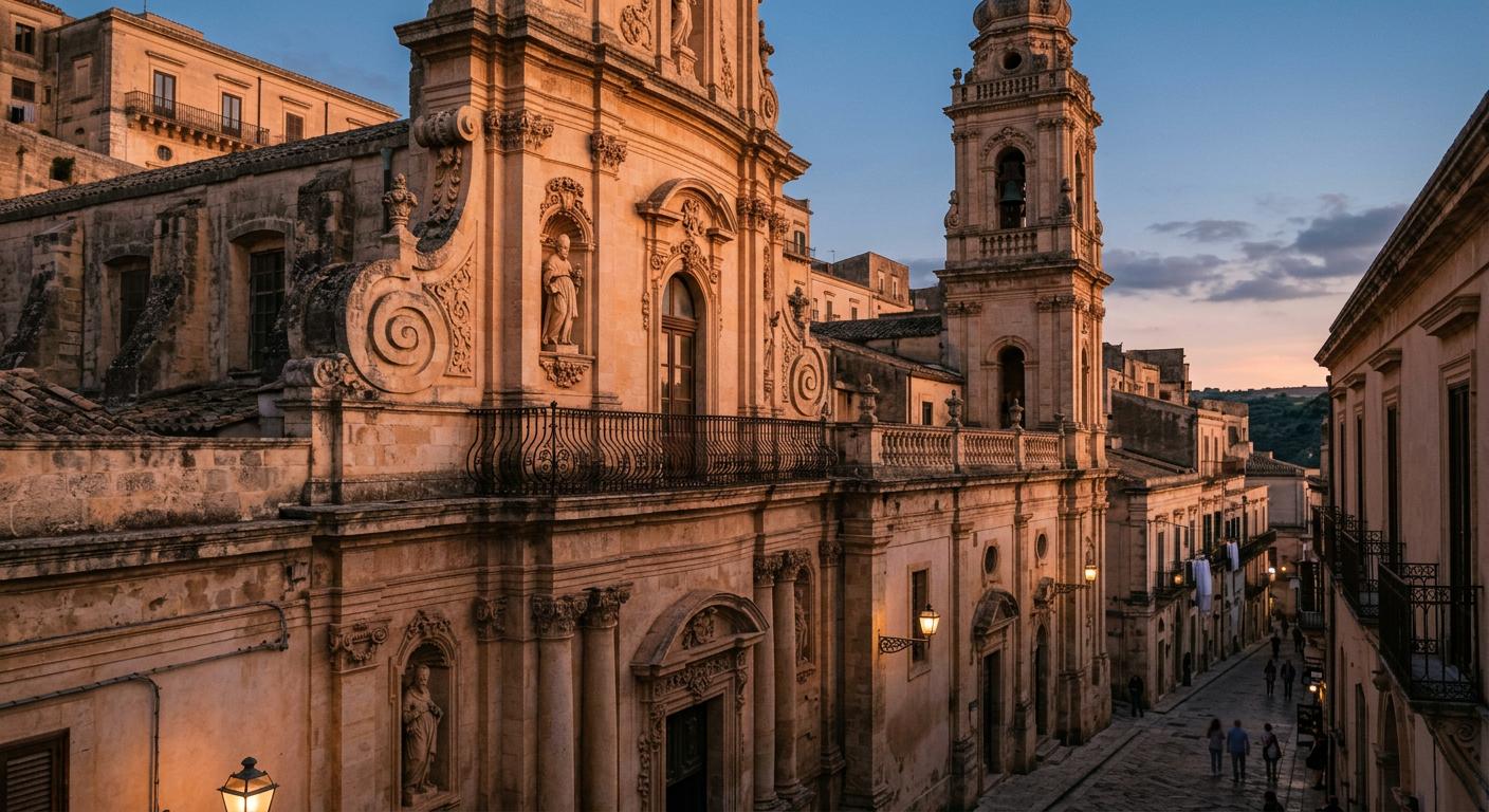 Intricate baroque architecture of Modica's historic buildings illuminated in soft evening light. Intricate baroque architecture of Modica's historic buildings illuminated in soft evening light.