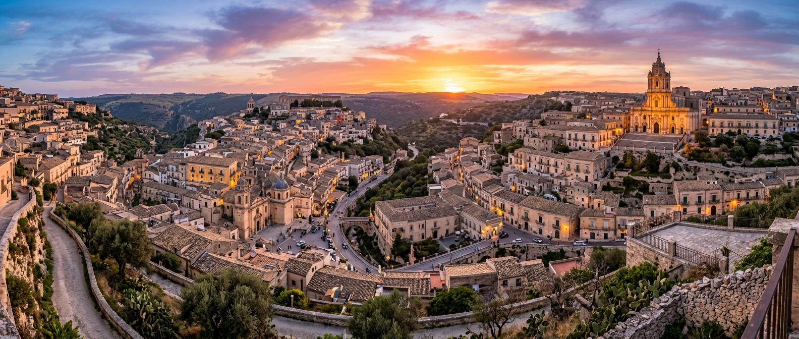 Panoramic view of Modica at sunset, highlighting the skyline framed by gentle hills and vibrant skies. Panoramic view of Modica at sunset, highlighting the skyline framed by gentle hills and vibrant skies.