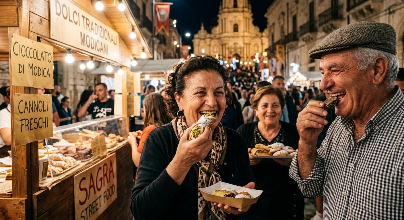 Close-up of locals enjoying traditional Sicilian treats at a lively street food festival in Modica. Close-up of locals enjoying traditional Sicilian treats at a lively street food festival in Modica.