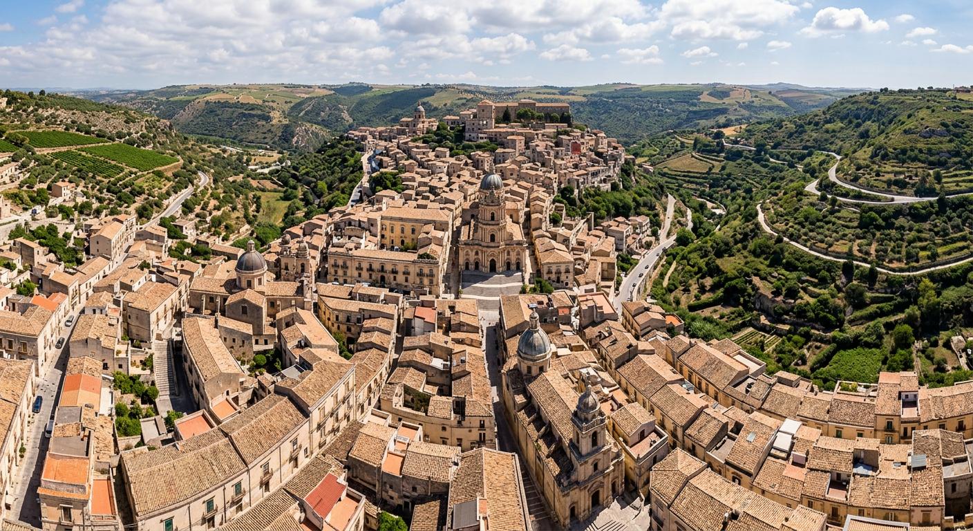 Aerial view of Modica's charming rooftops weaving through the historic district with lush landscapes beyond. Aerial view of Modica's charming rooftops weaving through the historic district with lush landscapes beyond.