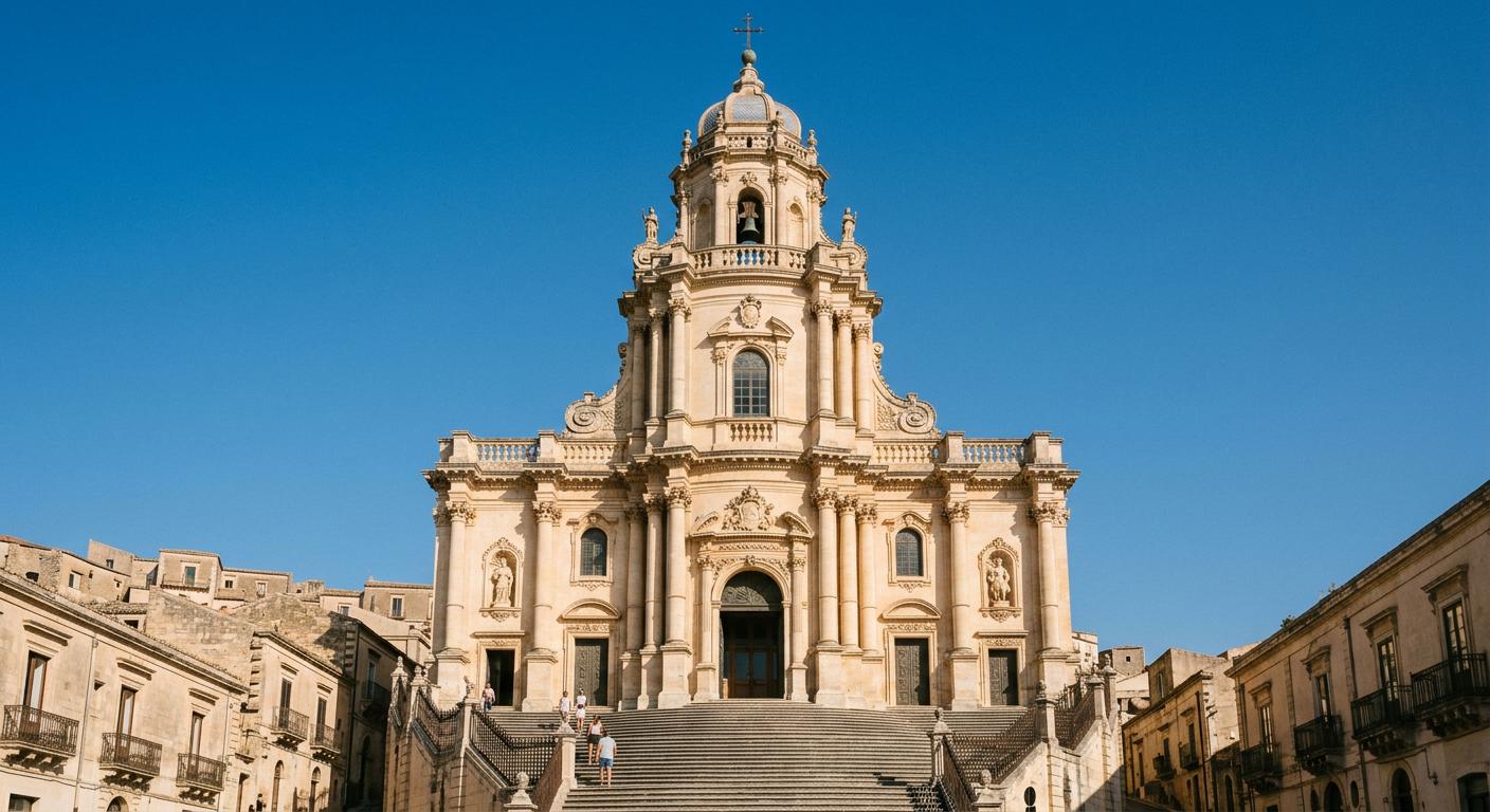 Baroque-style Duomo di San Giorgio against a clear blue sky, emphasizing its striking architectural details. Baroque-style Duomo di San Giorgio against a clear blue sky, emphasizing its striking architectural details.