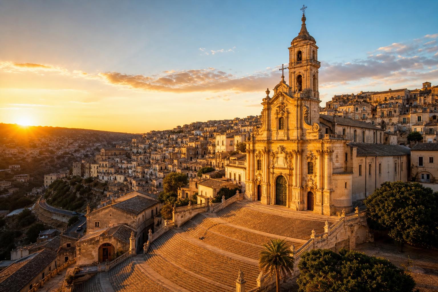 St. George's Cathedral bathed in golden light, with bustling Modica city life and rolling hills in the background. slider-image-1