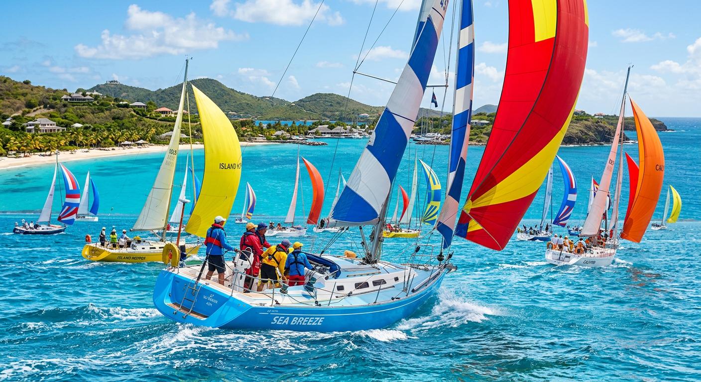 Brightly colored yachts sail in vibrant blue waters surrounding Mustique, capturing the excitement and adventure of Caribbean sailing. Brightly colored yachts sail in vibrant blue waters surrounding Mustique, capturing the excitement and adventure of Caribbean sailing.