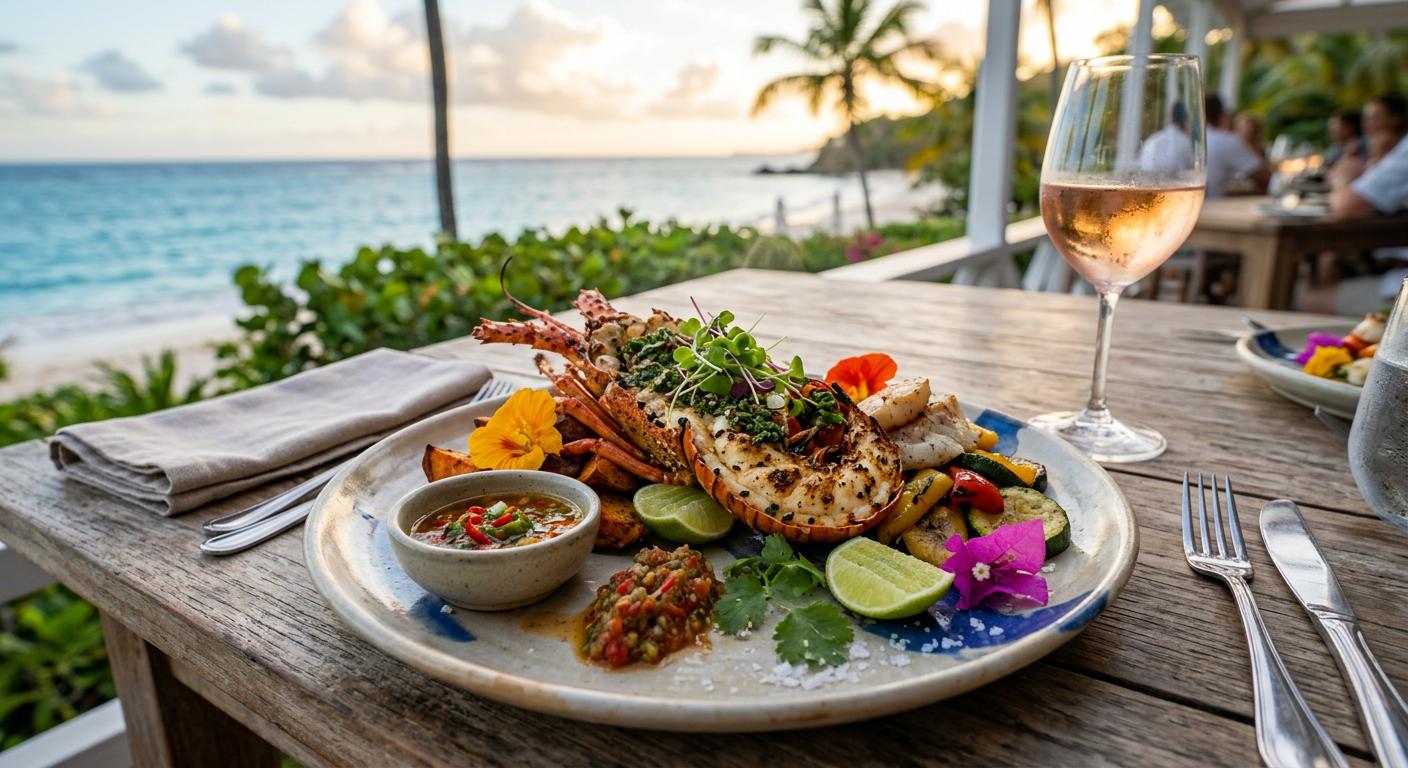 A beautifully plated dish of fresh seafood seasoned with local spices represents the essence of Mustique's fine dining experiences. A beautifully plated dish of fresh seafood seasoned with local spices represents the essence of Mustique's fine dining experiences.