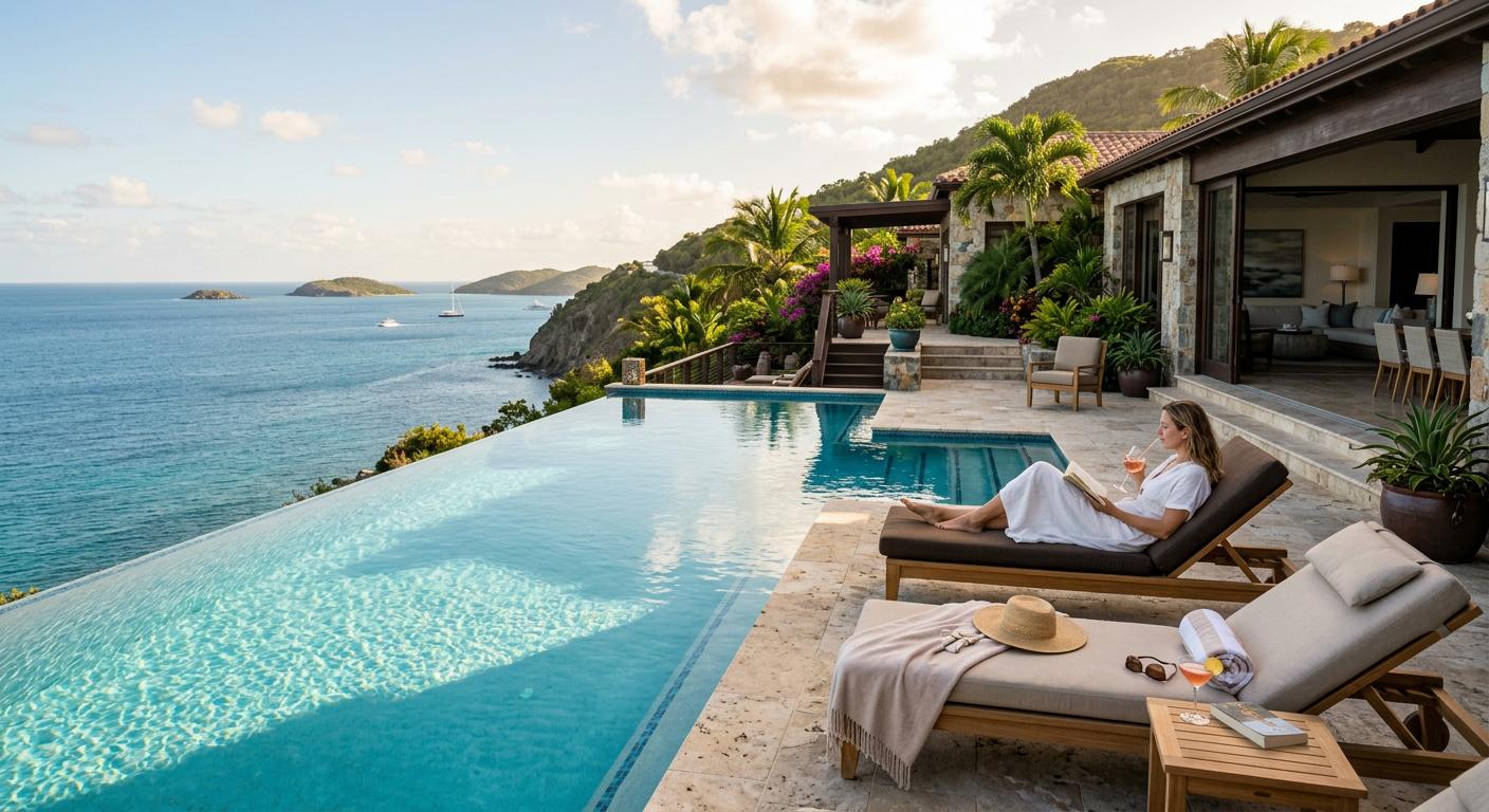 A serene infinity pool at a villa overlooks the Caribbean Sea, showcasing luxurious scenery and tranquil comfort in a sophisticated setting. A serene infinity pool at a villa overlooks the Caribbean Sea, showcasing luxurious scenery and tranquil comfort in a sophisticated setting.