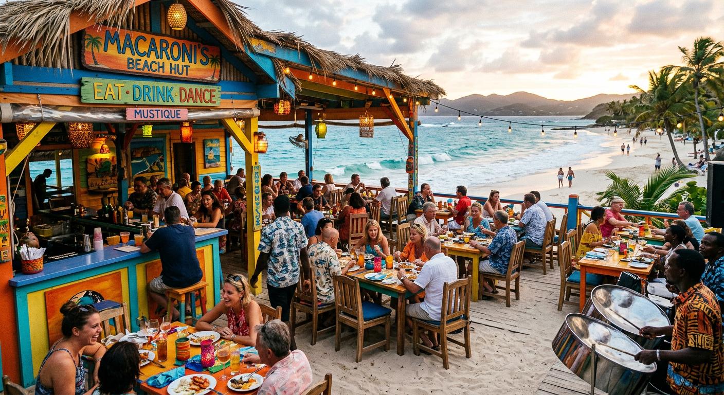 A colorful beachfront restaurant near Macaroni Beach invites guests with ocean views, reflecting the vibrant dining culture of the island. A colorful beachfront restaurant near Macaroni Beach invites guests with ocean views, reflecting the vibrant dining culture of the island.