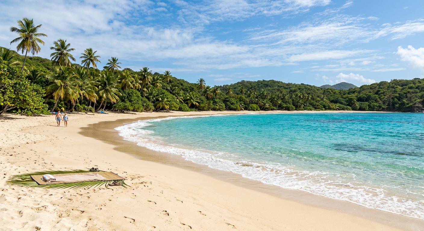 Macaroni Beach features soft golden sand and clear turquoise waters, framed by palm trees, capturing a tropical luxury atmosphere. Macaroni Beach features soft golden sand and clear turquoise waters, framed by palm trees, capturing a tropical luxury atmosphere.