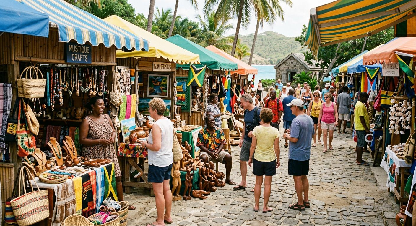 A vibrant local market on Mustique showcases arts and crafts stalls under colorful awnings, with cheerful locals engaging in lively activities. A vibrant local market on Mustique showcases arts and crafts stalls under colorful awnings, with cheerful locals engaging in lively activities.
