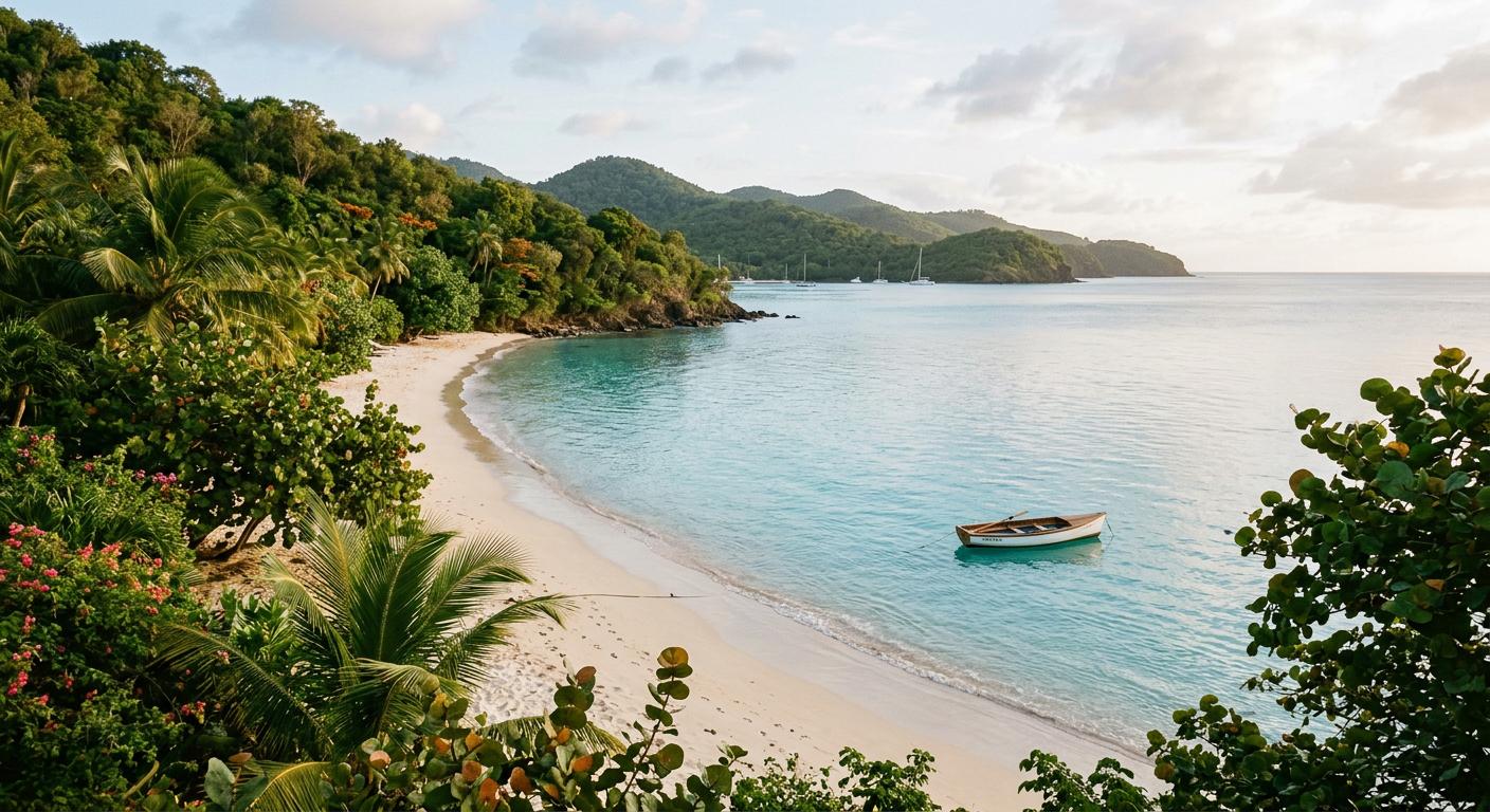 Lagoon Beach on Mustique is surrounded by rich vegetation and tranquil waters, conveying a sense of peace and serenity in a natural landscape. Lagoon Beach on Mustique is surrounded by rich vegetation and tranquil waters, conveying a sense of peace and serenity in a natural landscape.