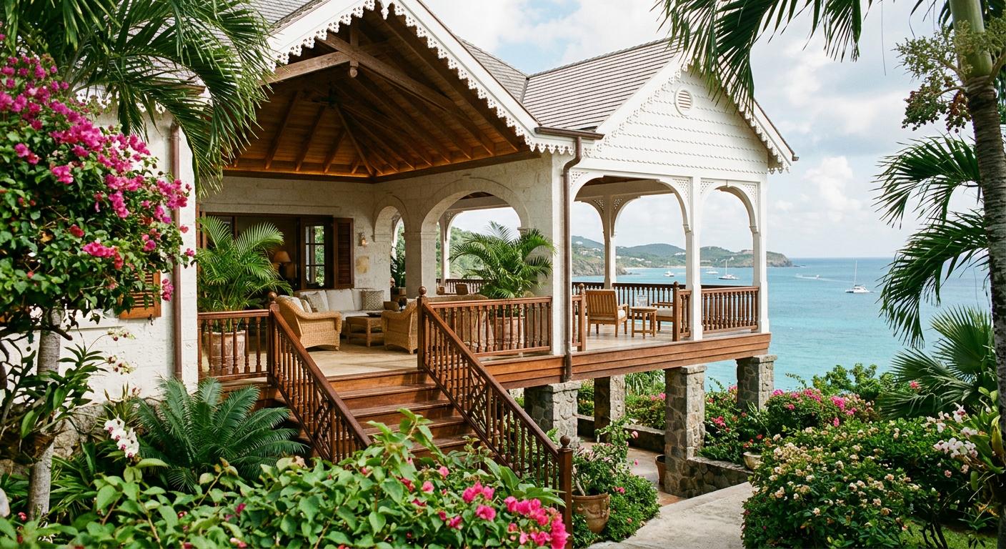 An elegant luxurious villa on Mustique is framed by lush greenery, showcasing sophisticated design elements in bright natural light. An elegant luxurious villa on Mustique is framed by lush greenery, showcasing sophisticated design elements in bright natural light.