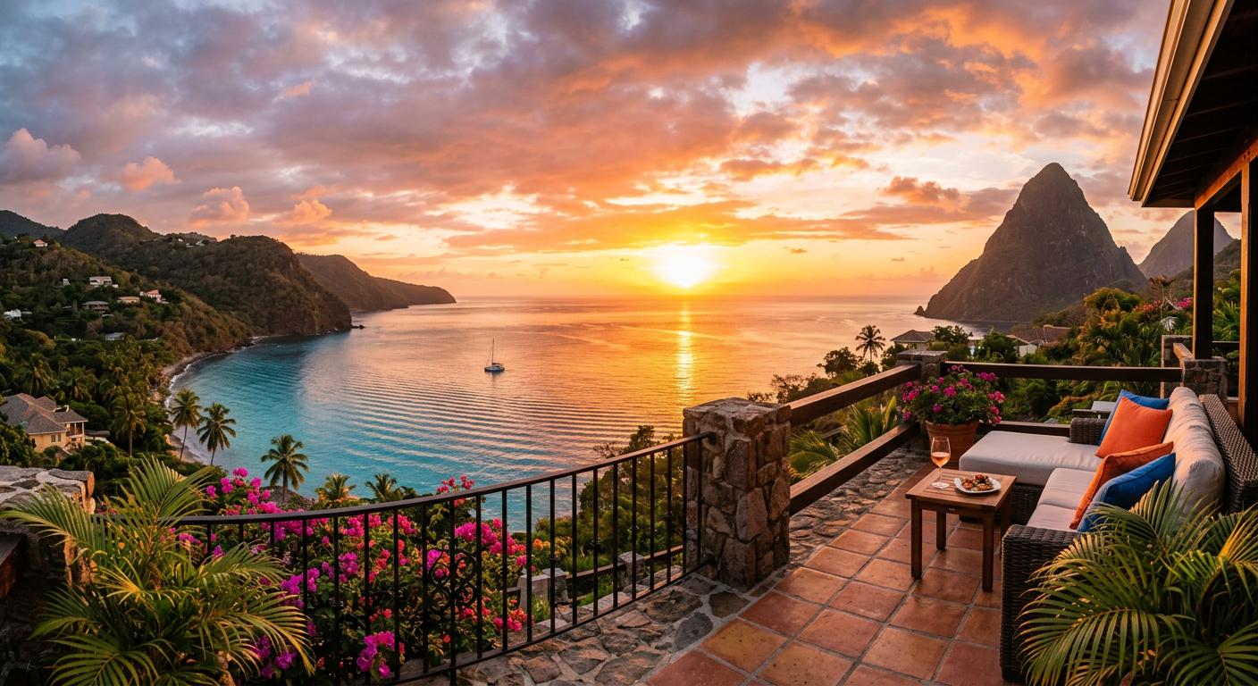 A warm sunset from a villa balcony offers a breathtaking view of the Caribbean Sea, casting golden hues across the sky and reflecting on the water. A warm sunset from a villa balcony offers a breathtaking view of the Caribbean Sea, casting golden hues across the sky and reflecting on the water.