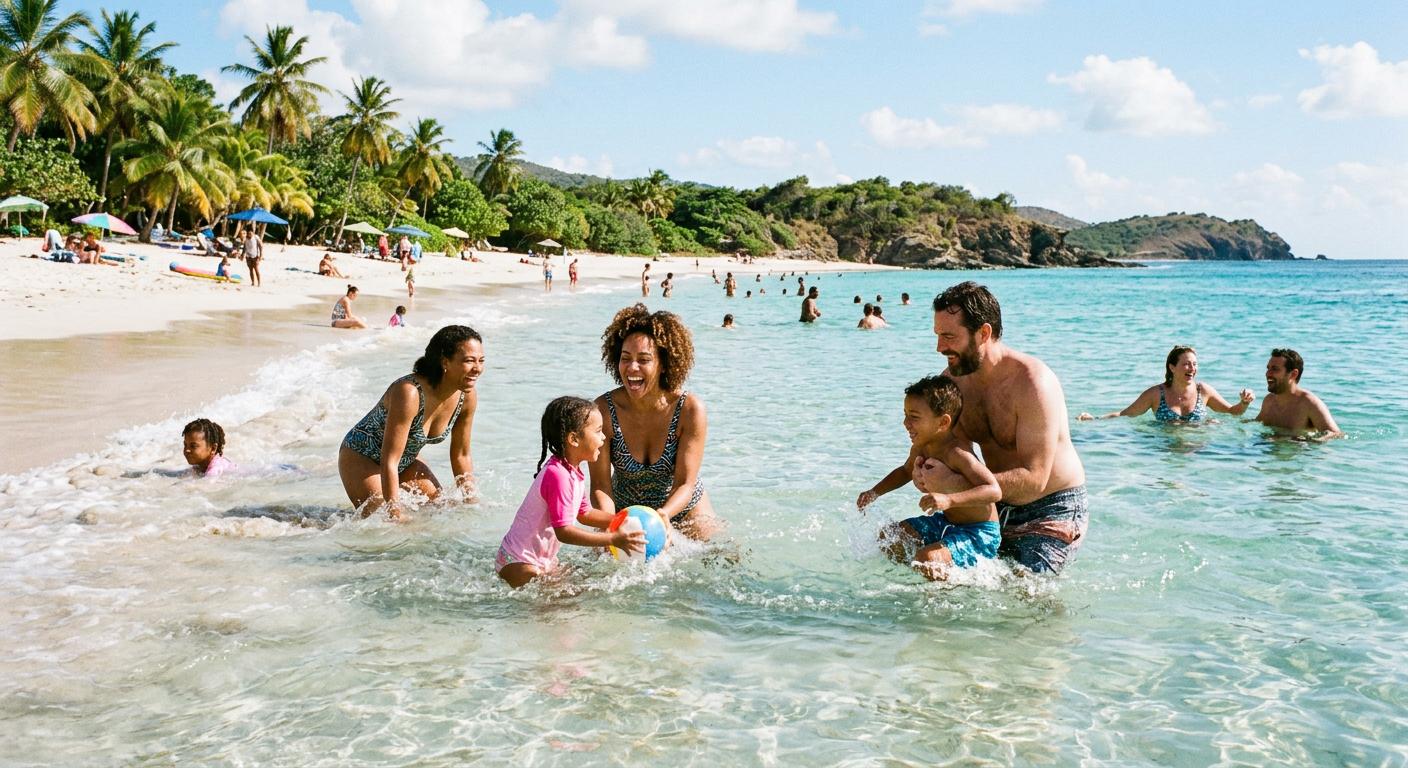 Families enjoy beach time at Macaroni Beach, filled with laughter and joy in the clear waters, promoting the inviting atmosphere of Mustique. Families enjoy beach time at Macaroni Beach, filled with laughter and joy in the clear waters, promoting the inviting atmosphere of Mustique.