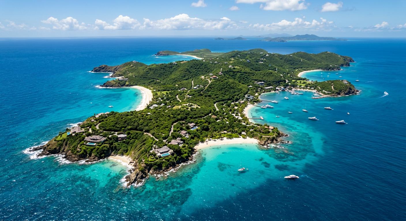 Aerial view of Mustique Island highlights lush interiors and stunning coastlines, illustrating the island's natural beauty and exclusivity. Aerial view of Mustique Island highlights lush interiors and stunning coastlines, illustrating the island's natural beauty and exclusivity.