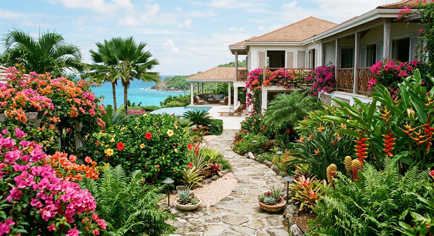 Vibrant villa gardens overflowing with tropical flowers and greenery, enhancing the luxurious feel typical of Mustique's landscapes. Vibrant villa gardens overflowing with tropical flowers and greenery, enhancing the luxurious feel typical of Mustique's landscapes.