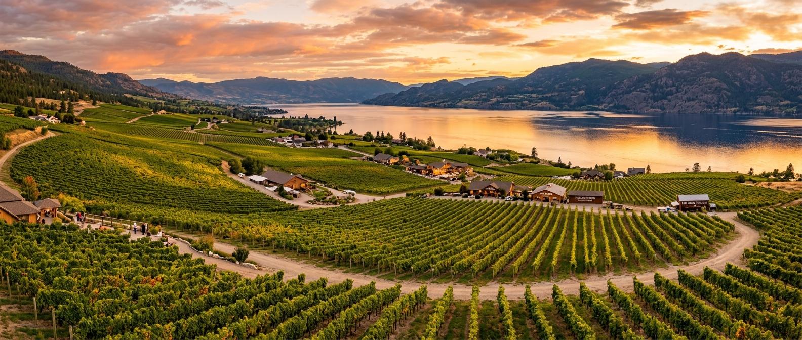 Panoramic view of Naramata Wineries at sunset, showcasing vineyard rows and lush nature. Panoramic view of Naramata Wineries at sunset, showcasing vineyard rows and lush nature.