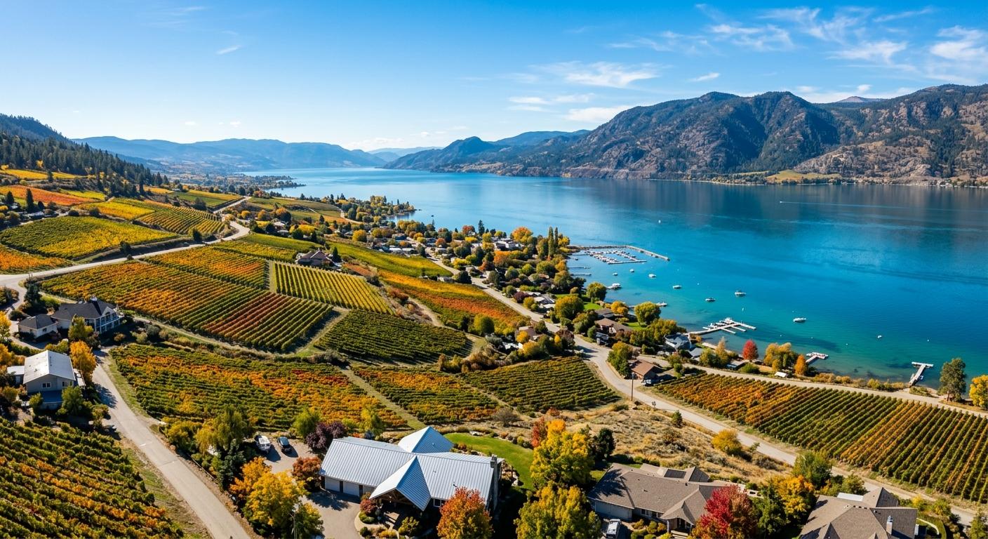Aerial view of Naramata vineyards and Okanagan Lake in vibrant autumn colors, perfect for travel inspiration. Aerial view of Naramata vineyards and Okanagan Lake in vibrant autumn colors, perfect for travel inspiration.